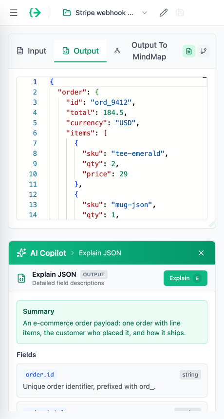 AI Copilot explaining a JSON payload in the side panel