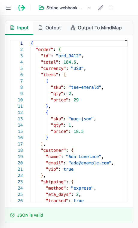 Formatted, validated JSON in the JSON Copilot side panel