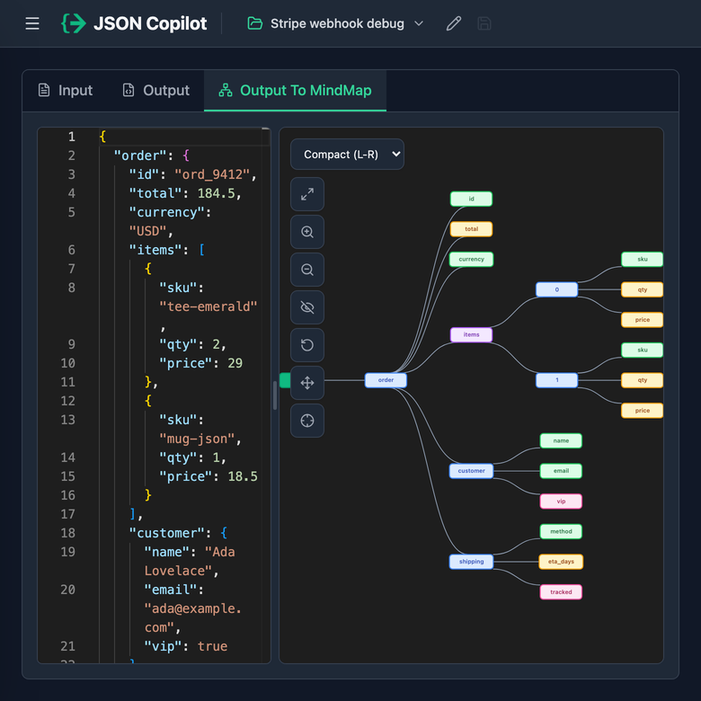 Interactive JSON mind map in the JSON Copilot side panel