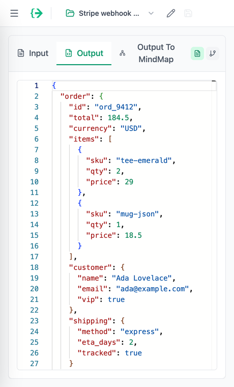 JSON Copilot Chrome extension docked in the browser side panel, showing formatted JSON