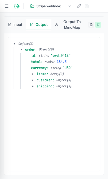 Collapsible, type-coloured JSON tree view in the side panel